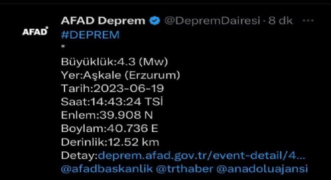 Aşkale’de 4,3 büyüklüğünde deprem