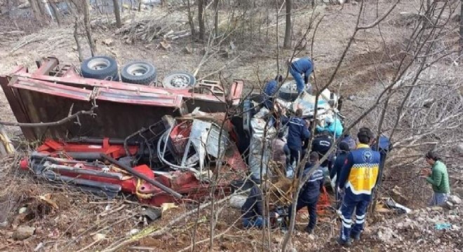 Freni boşalan vinç şarampole devrildi